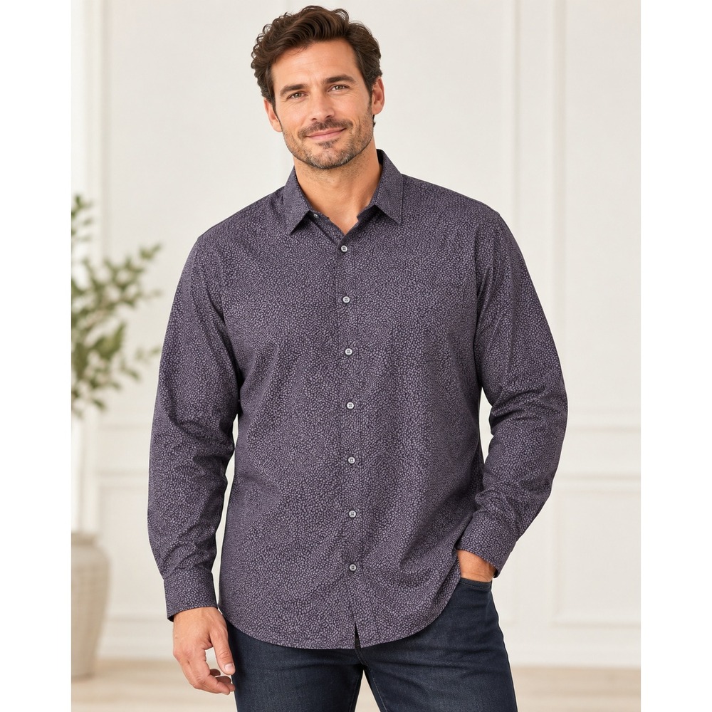 SYNRGY Stretch Mens 6XL Purple Black Micro Print Button Down Long Sleeve Shirt